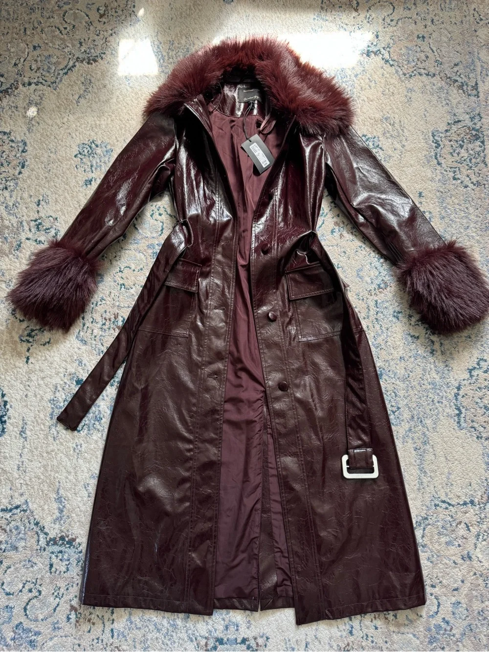NWT River Island Studio Faux Fur Trim Leather Trench Matrix Coat Dark Red, Sz 2
